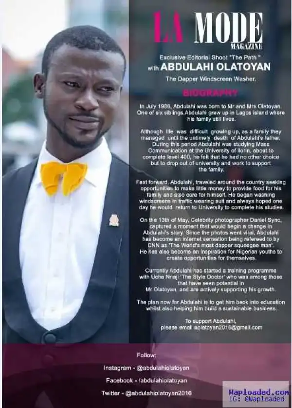La Mode Magazine Exclusive editorial shoot "The Path” with Abdulahi Olatoyan, the Dapper Windscreen Washer.
